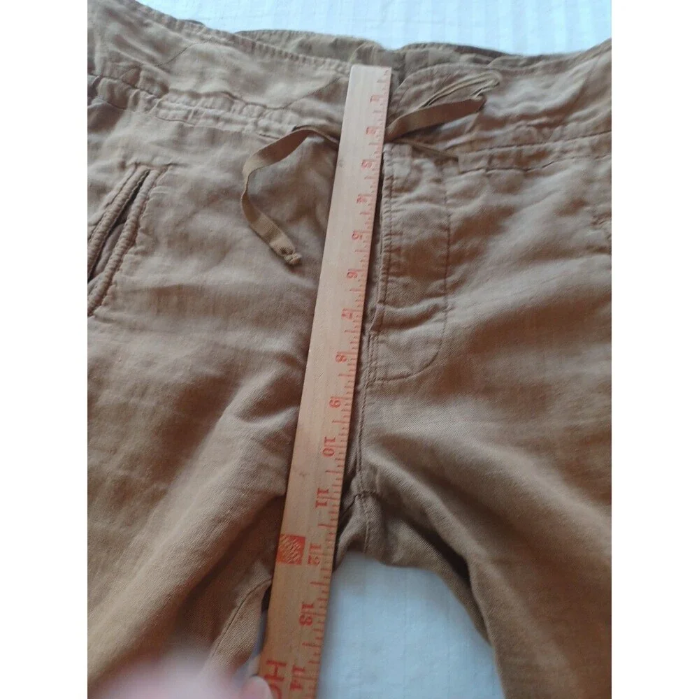 Zara brown linen tapered leg pants womens M paperbag waist button fly beach boho